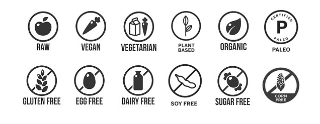 raw, vegan, vegetarian, plant-based, organic, paleo, gluten-free, egg-free, dairy-free, soy-free, sugar-free, corn-free